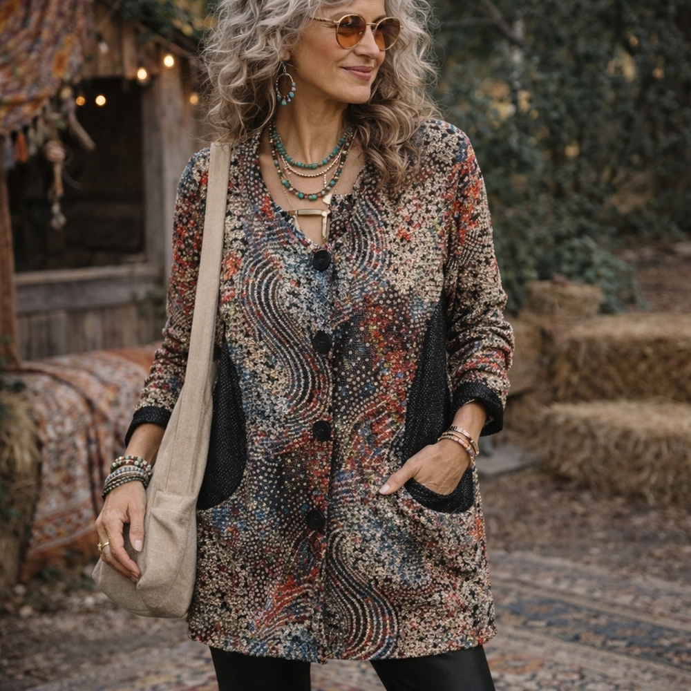 Joseph Ribkoff Multicolor Abstract Mesh Tunic Top Artsy Boho Chic Button Front